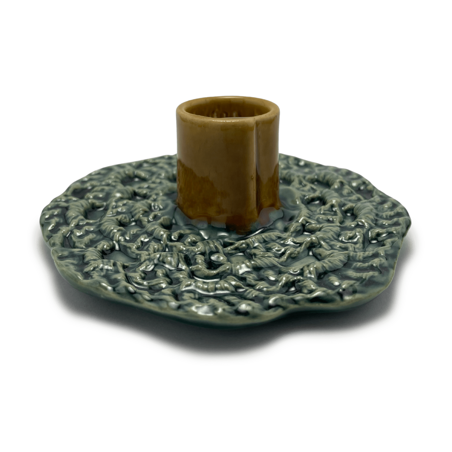 handmade one of a kind crochet ceramic candle holder, by shana ostrowiecki in california one of a kind tapered or shabbat candles vintage style mustard yellow teal blue turquoise