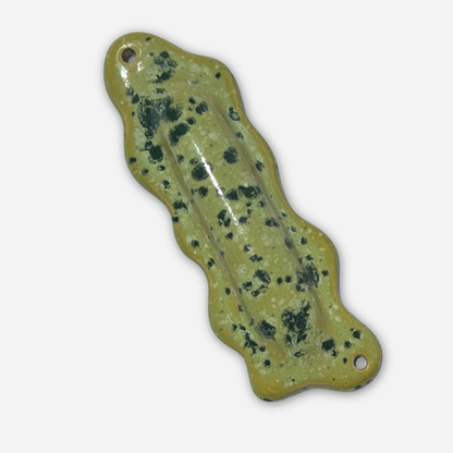 sculptural ceramic mezuzah case organic wavy form bright green and dark green speckled glaze
