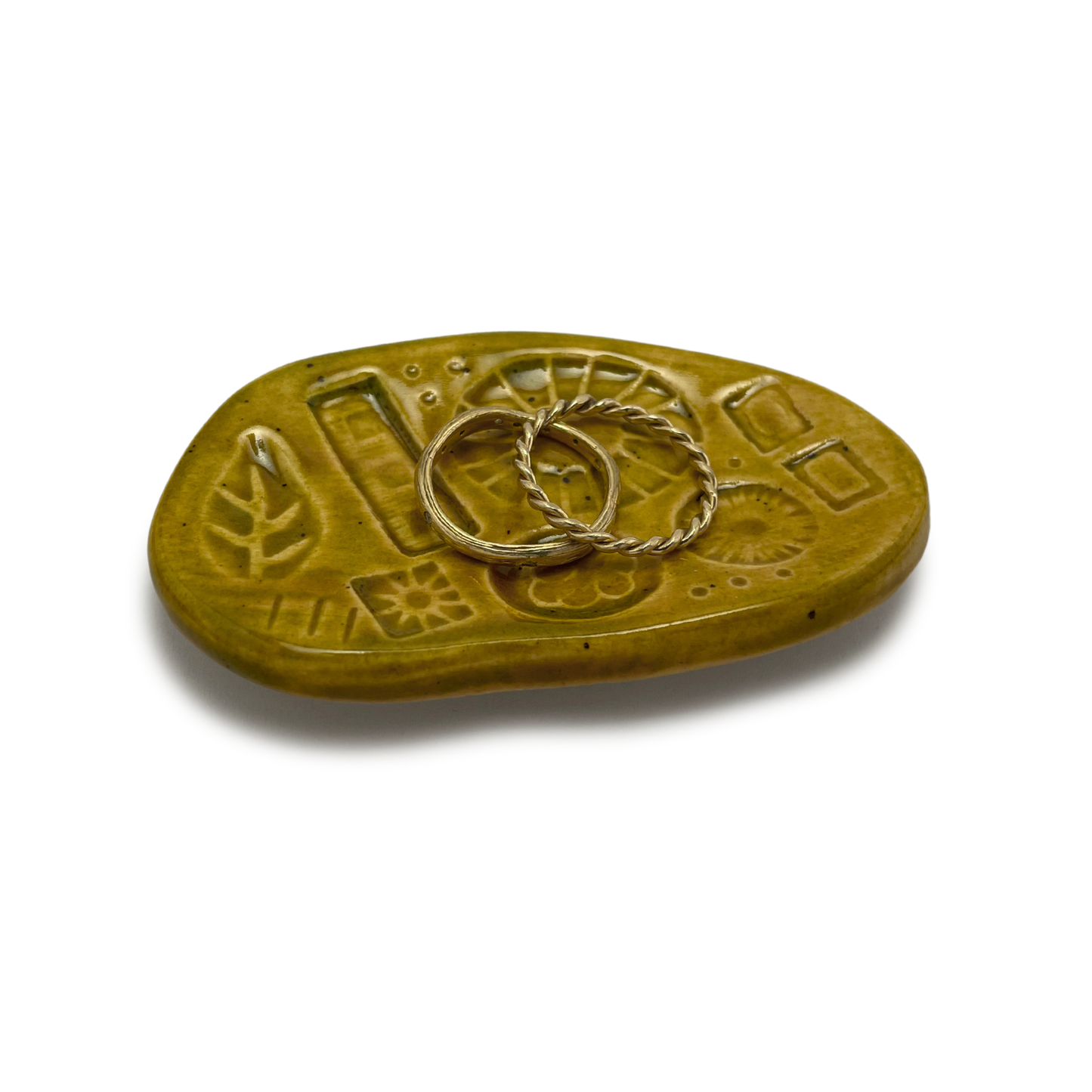 Ceramic jewelry dish handmade in california by shana ostrowiecki pottery green yellow homewares one of a kind