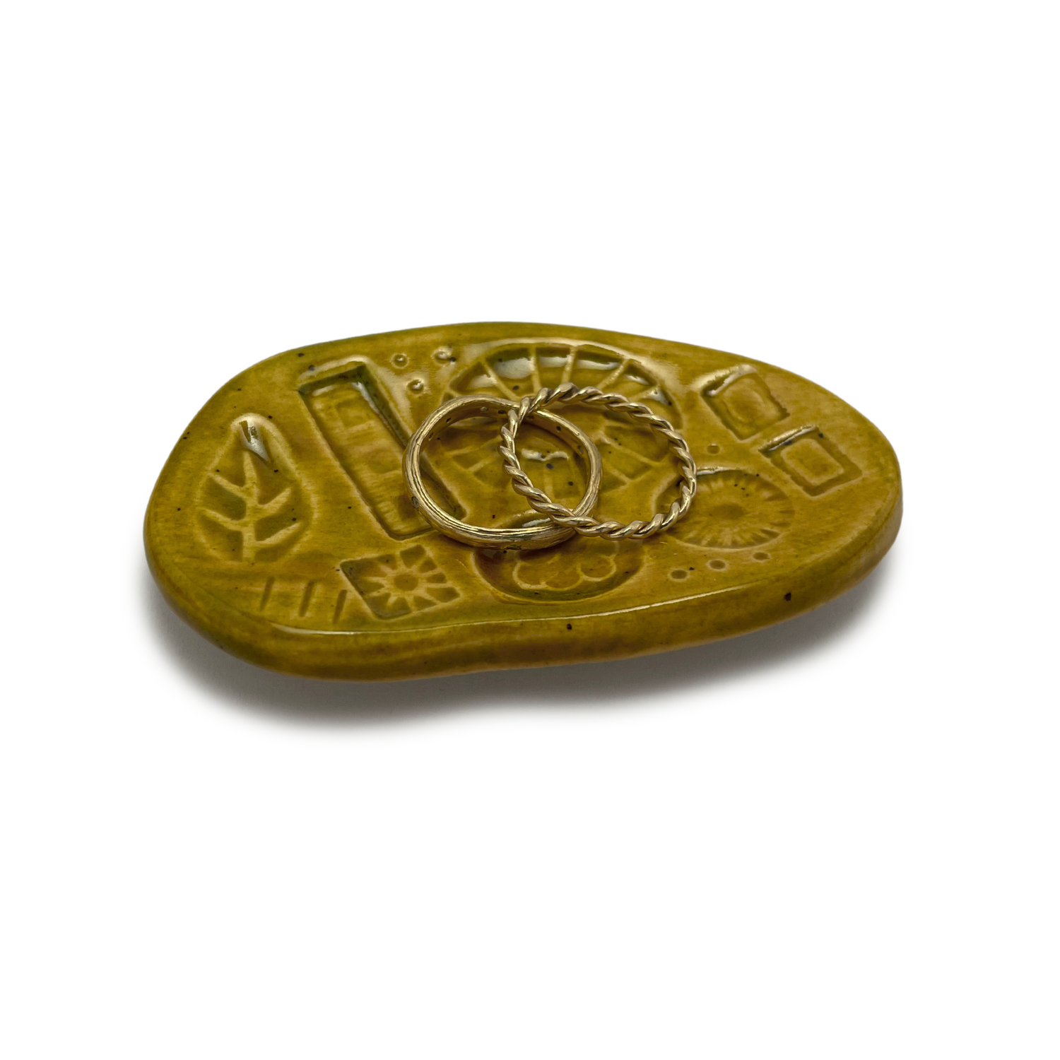 Ceramic jewelry dish handmade in california by shana ostrowiecki pottery green yellow homewares one of a kind