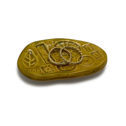 Ceramic jewelry dish handmade in california by shana ostrowiecki pottery green yellow homewares one of a kind