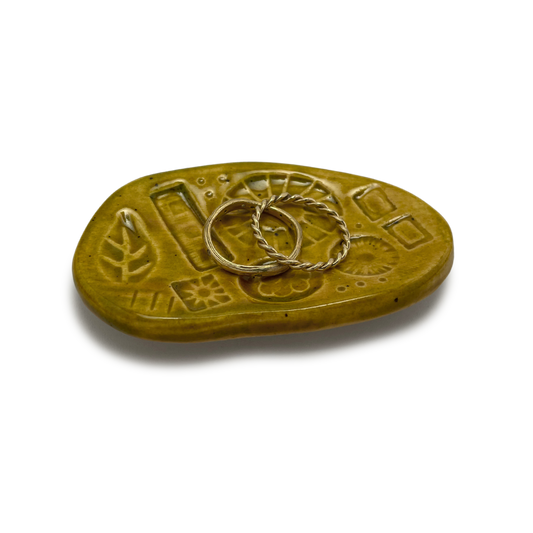 Ceramic jewelry dish handmade in california by shana ostrowiecki pottery green yellow homewares one of a kind