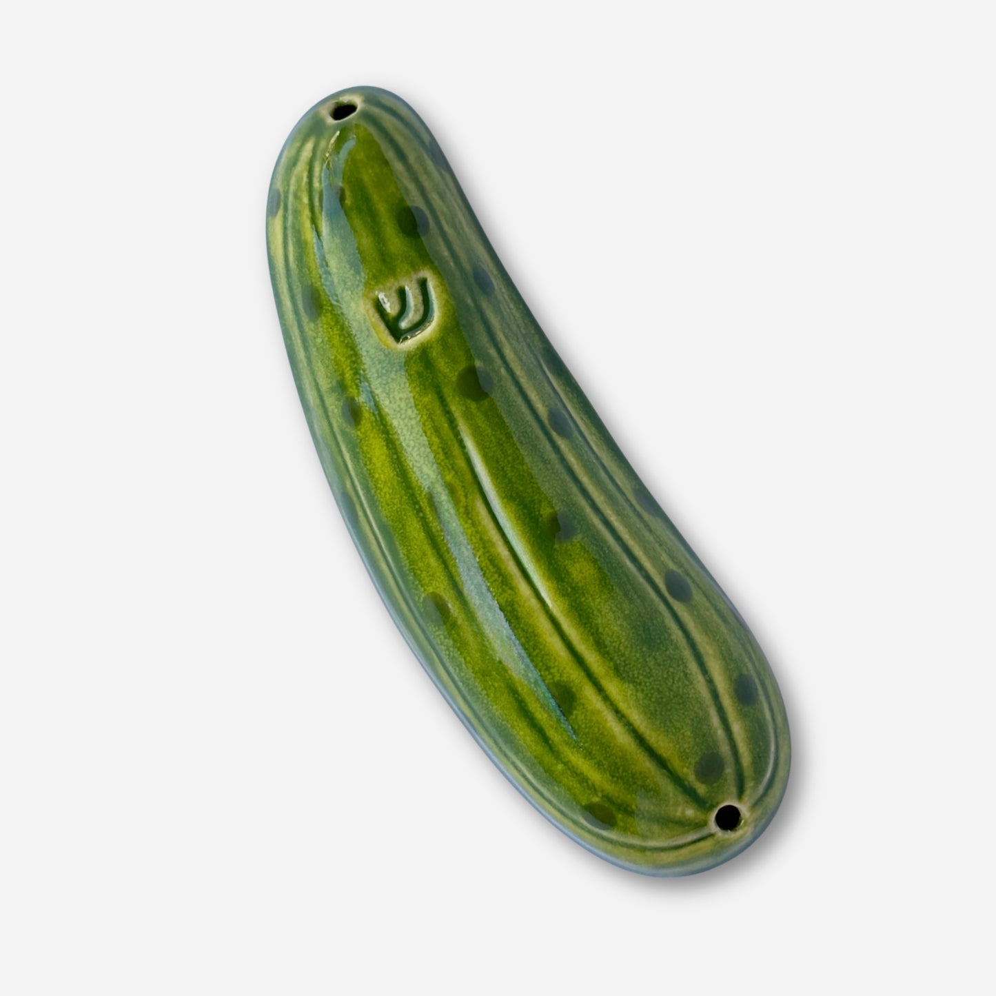 Single green ceramic pickle mezuzah case showing pre-drilled holes for secure screw mounting