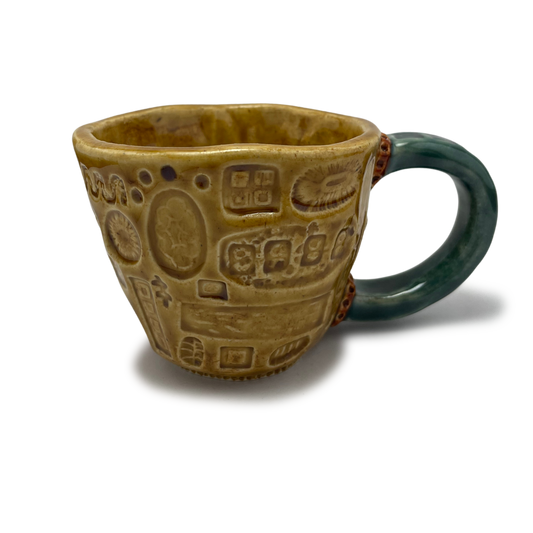 mug or tea cup handmade ceramics, pottery yellow teal turquoise burnt orange accents small