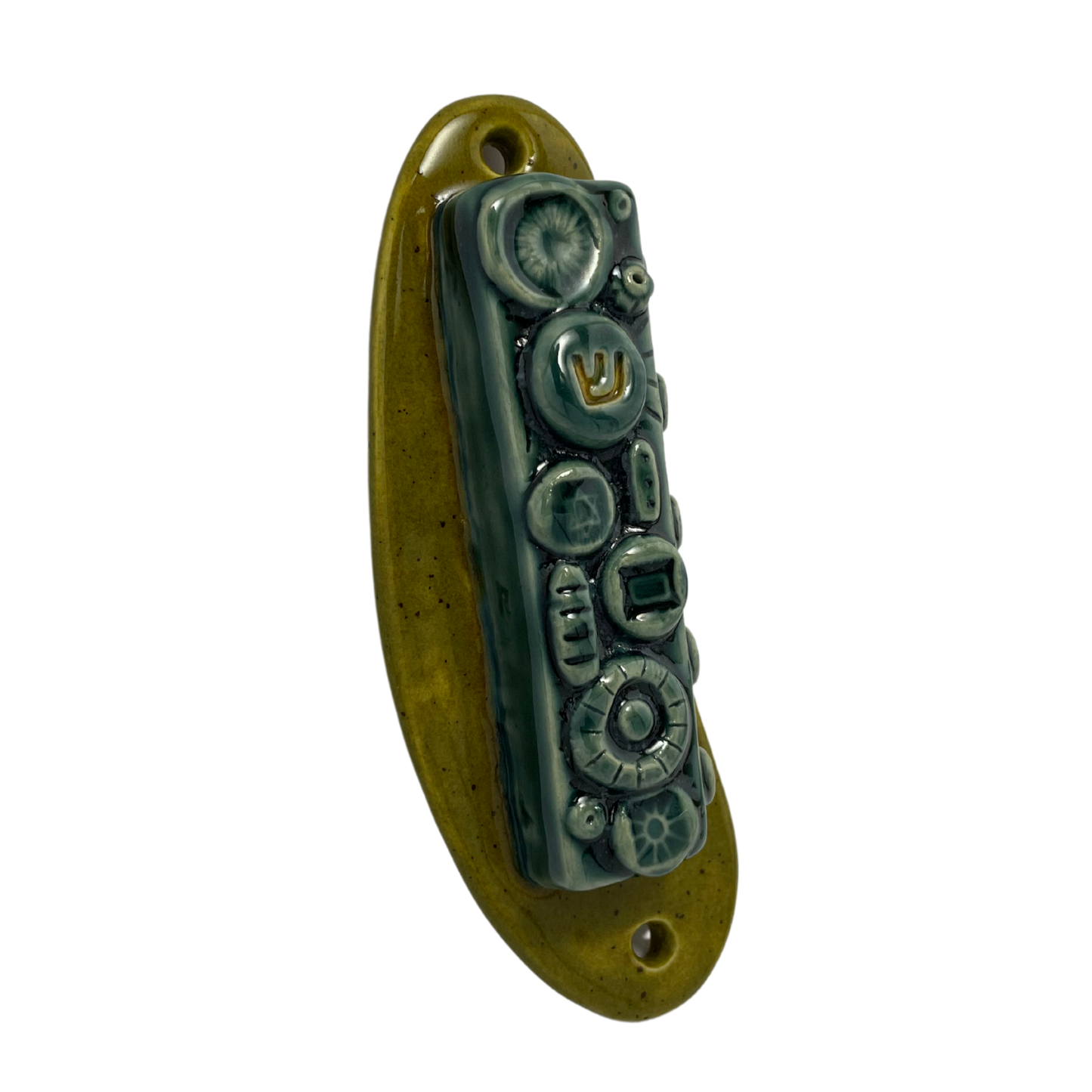 handmade mezuzah ceramic judaica home green teal olive turquoise handcrafted stoneware mezuzah jewish home art mid century modern vintage retro style