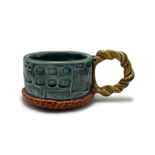 ceramic pottery handmade coffee mug or tea cup made in california teal blue mustard yellow brown reddish burnt orange