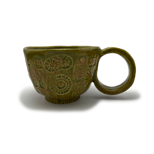 mug, ceramic pottery coffee or tea cup handmade in california greenish brownish one of a kind by shana ostrowiecki