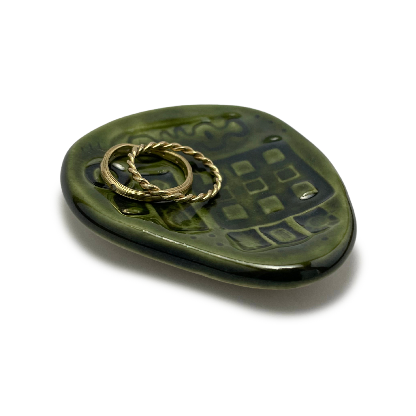 handmade ceramic jewelry dish or trinket dish or ring holder made in california by shana ostrowiecki dark olive green