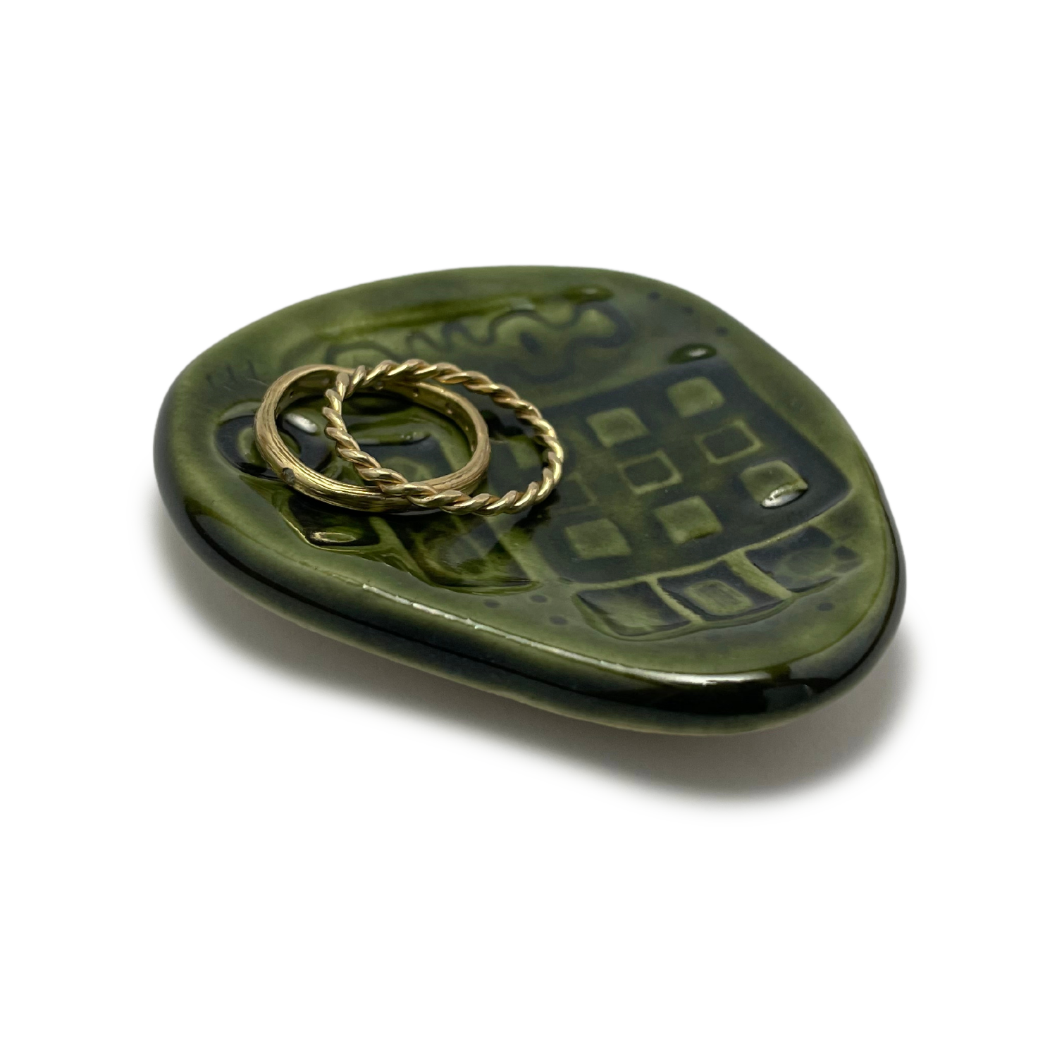 handmade ceramic jewelry dish or trinket dish or ring holder made in california by shana ostrowiecki dark olive green