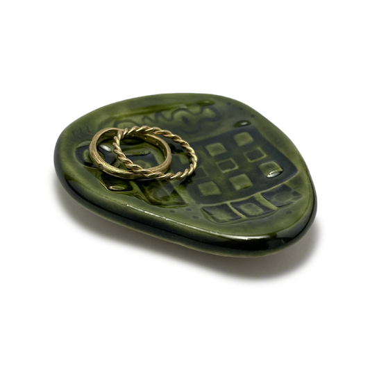 handmade ceramic jewelry dish or trinket dish or ring holder made in california by shana ostrowiecki dark olive green