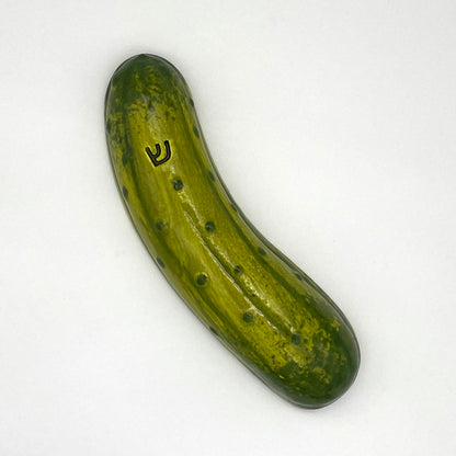 kosher pickle mezuzah handmade by judaica shop jewish artist shana ostrowiecki. food judaica funny judaica mezuzah pickles sour shin hand painted 