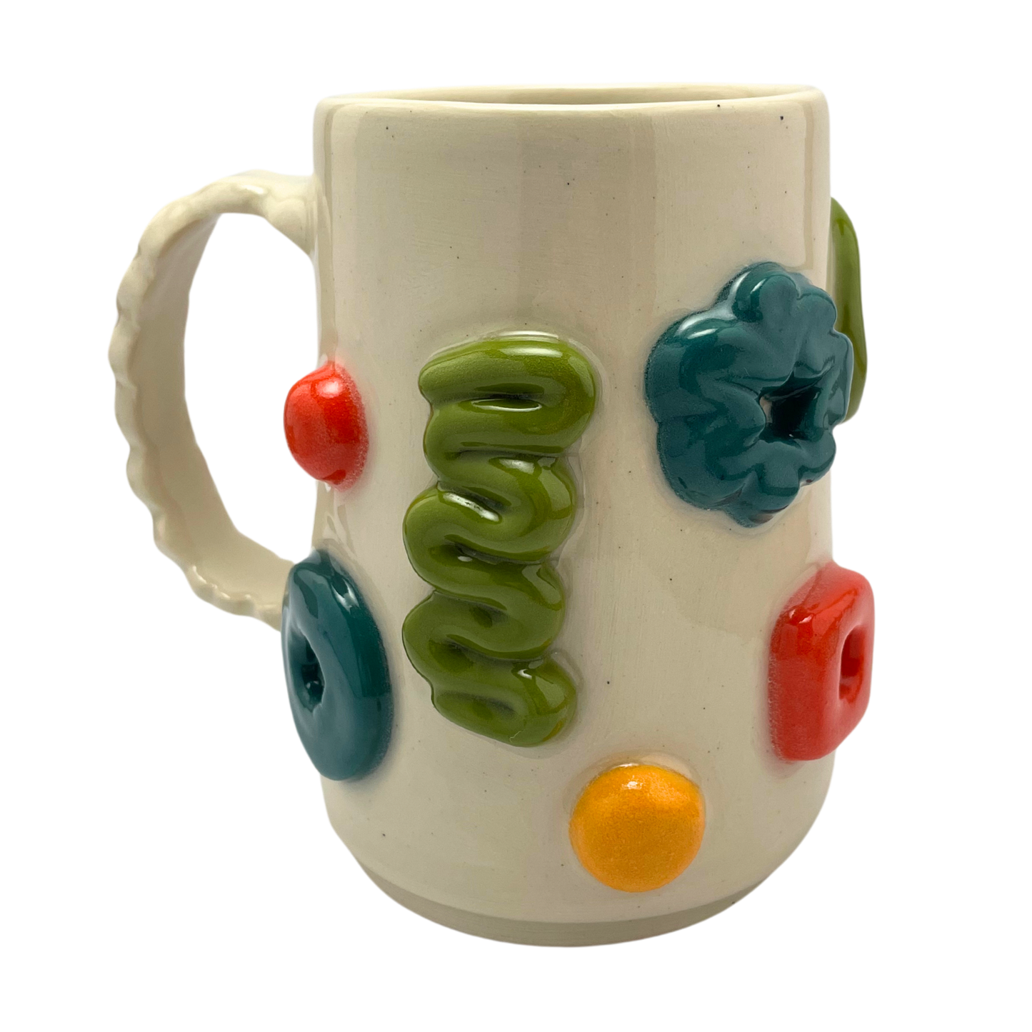large mug oversize coffee mug green blue orange yellow white art handmade pottery ceramics