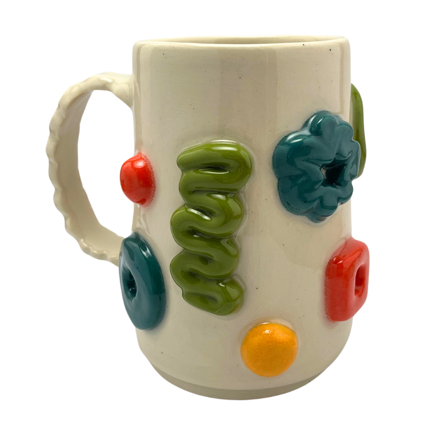 large mug oversize coffee mug green blue orange yellow white art handmade pottery ceramics