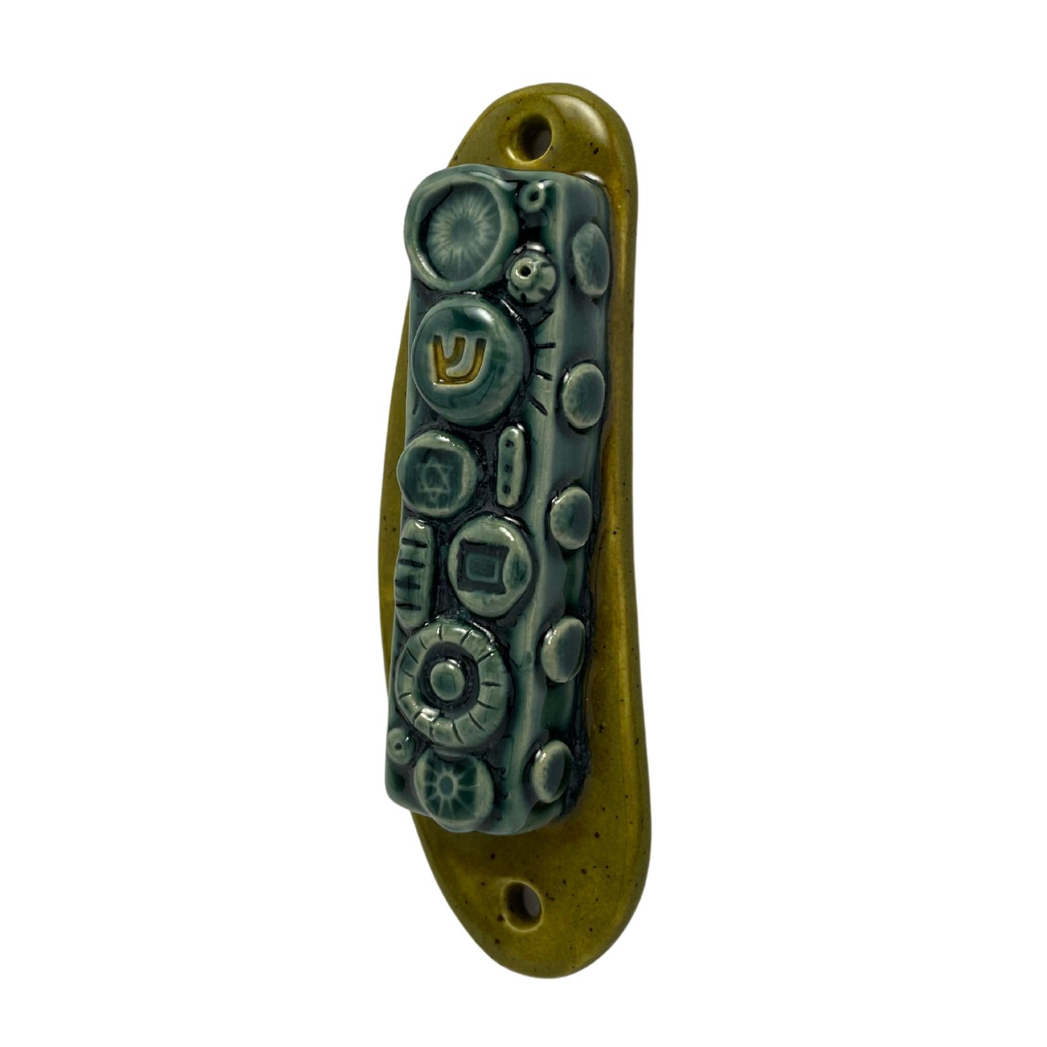 Ceramic mezuzah handmade in the USA green olive teal blue for jewish wedding gift or housewarming judaica art