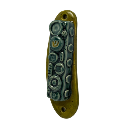 Ceramic mezuzah handmade in the USA green olive teal blue for jewish wedding gift or housewarming judaica art