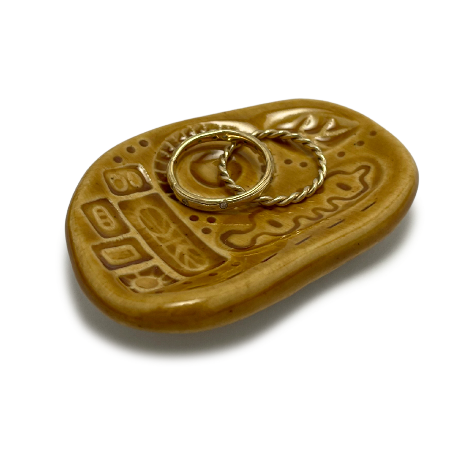 ceramic pottery one of a kind art handmade in california jewelry dish or ring holder mustard yellow brown