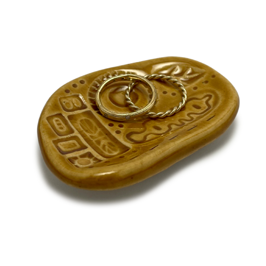 ceramic pottery one of a kind art handmade in california jewelry dish or ring holder mustard yellow brown