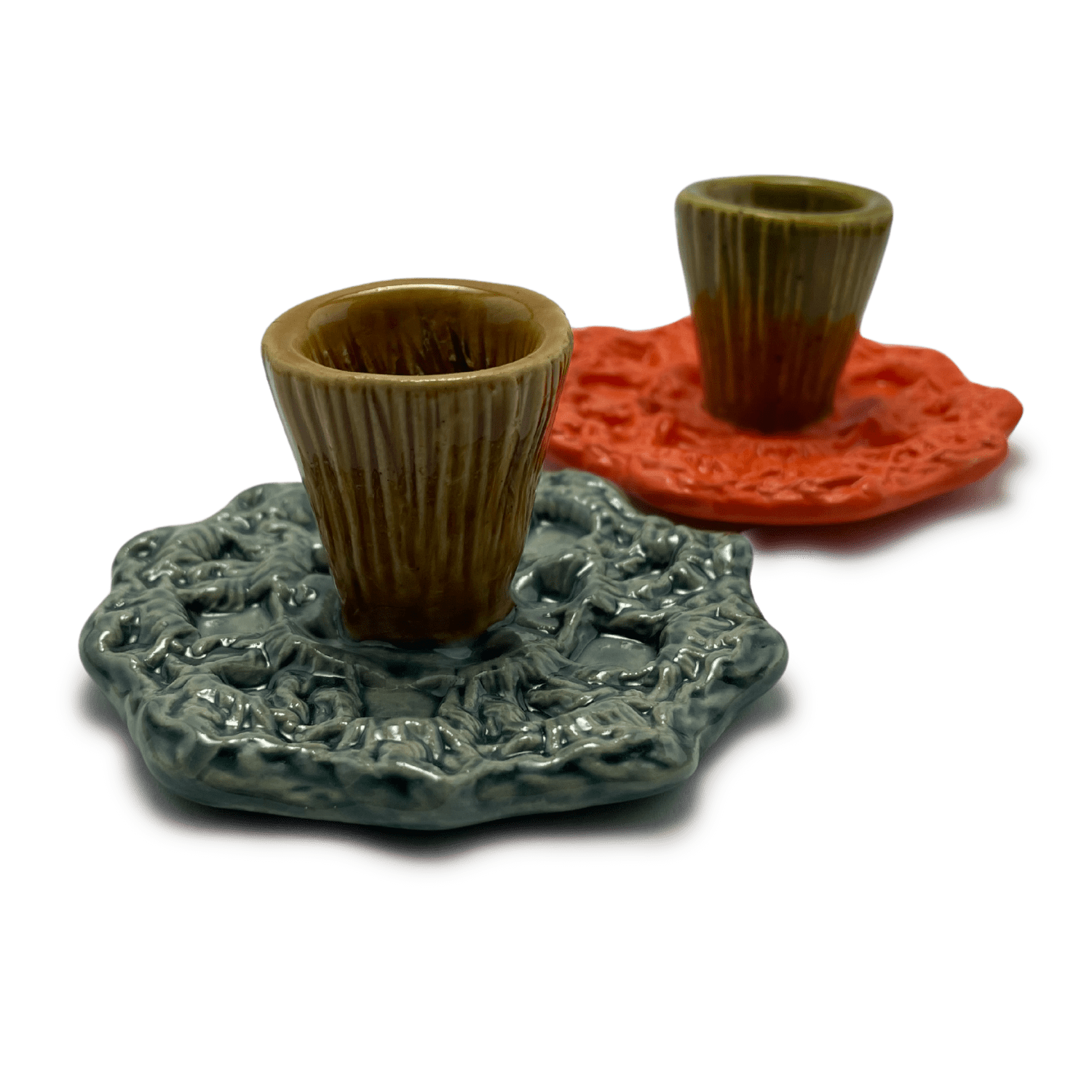 handmade shabbat candle holders by shana ostrowiecki in california orange green yellow and teal blue, vintage style, two candlestick holders