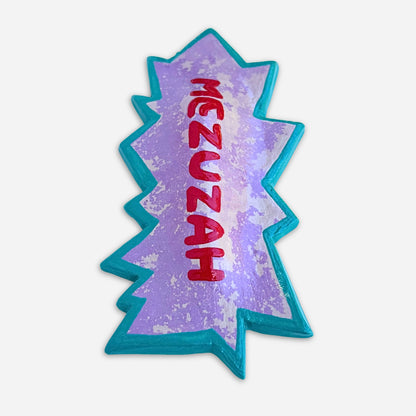 view of the large colorful mezuzah case showing purple red teal Judaica inspired by Nickelodeon rugrats