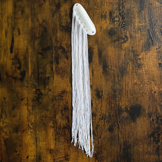 Cream white textile mezuzah with ceramic oval base woven with cotton yarns and fibers in multiples of 18 for jewish art, organic pottery form with textiles by shana ostrowiecki